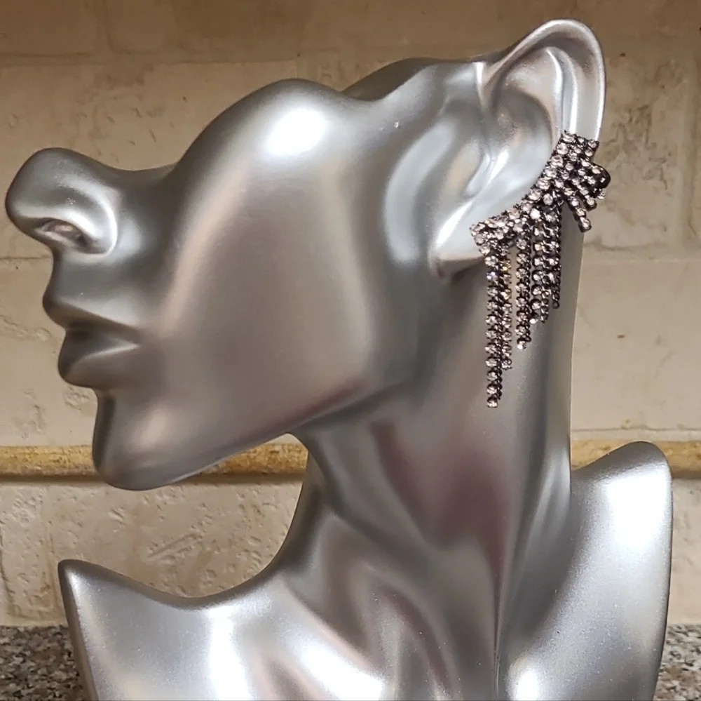 New Gunmetal Crystal Fringe Ear Climbers Earrings